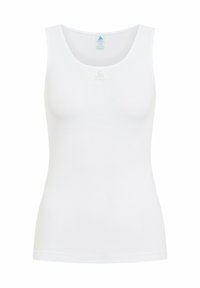 Witte tanktop van ademend netstof. Kenmerkt zich door een ronde halslijn en een aansluitende pasvorm. Geen zichtbare patronen of versieringen.
