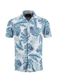 Korte mouw shirt met een blauw-wit tropisch bladdessin, gemaakt van lichte stof met een knoopsluiting aan de voorkant en een kraag.