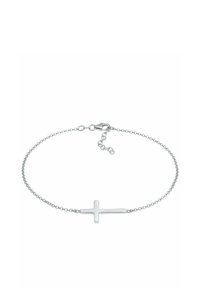 Pulsera de cadena de plata con un colgante de cruz plana. La cadena es delicada, con pequeños eslabones y un seguro cierre de langosta.