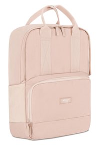 Zaino in tessuto rosa con manici superiori doppi, una tasca frontale con zip e una superficie liscia. Presenta un patch con logo sulla parte anteriore.
