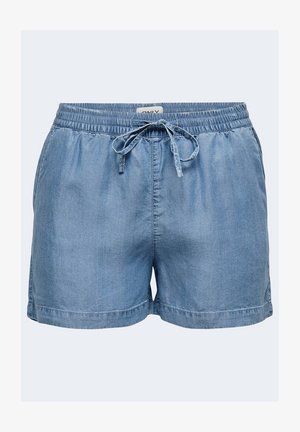 Denim shorts with an elastic waistband and adjustable drawstring. Light blue color. Smooth texture with clean hem and casual design.