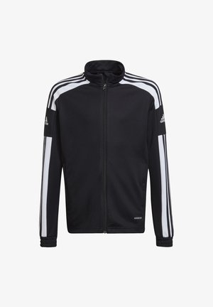 Zwarte sportjack met witte strepen langs de mouwen en kraag, volledige ritsluiting, geribde manchetten, gladde stof en 'AEROREADY'-detail.