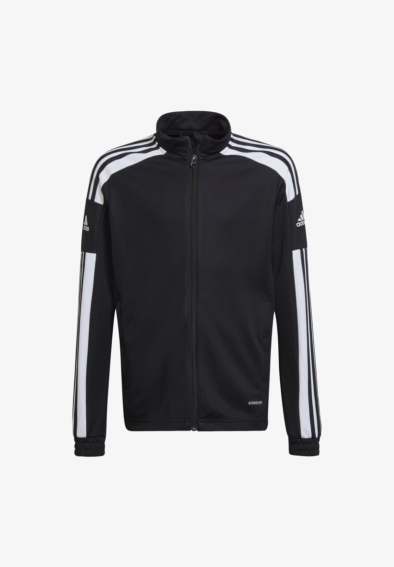 Schwarze Trainingsjacke mit weißen Streifen entlang der Ärmel und des Kragens, durchgehender Reißverschluss, gerippte Bündchen, glattes Material und Detail "AEROREADY".