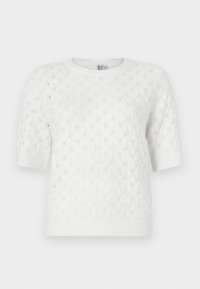 Λευκό πουλόβερ με κοντά μανίκια, πλεκτό με σχέδιο κόμπων, στρογγυλή λαιμόκοψη και ριμπ τελείωμα. Κατασκευασμένο από ελαφρύ, υφασμάτινο ύφασμα με υφή.