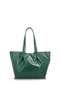 Groene krokodillenlook leren totebag met twee verlengde handvatten, gekenmerkt door een uniek geplooid ontwerp en een ruime open bovenkant.