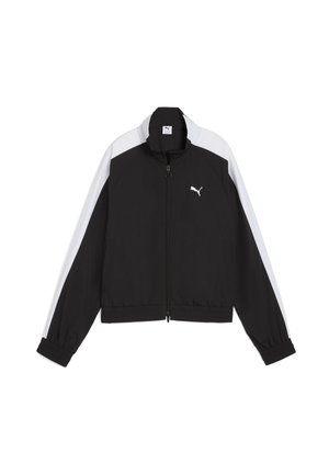 Zwarte zip-up jas met witte schouderaccenten, elastische manchetten en onderrand, gemaakt van lichtgewicht stof met een klein logo op de borst.