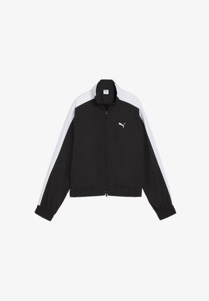 Sort zip-jakke med hvide skulderdetaljer, elastiske manchetter og kant, lavet af letvægtsmateriale med et lille logo på brystet.