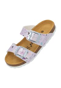 Rosa justerbara sandaler med två remmar, med ett mönstrat ytskikt av moln och stjärnor, korkfotbädd och vit gummisula.