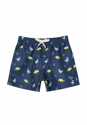Bañador corto para niños azul marino con cintura elástica, cordón blanco y estampado de dinosaurios y tijeras en amarillo y azul claro.