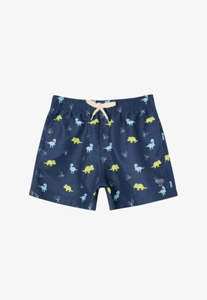 Bañador corto para niños azul marino con cintura elástica, cordón blanco y estampado de dinosaurios y tijeras en amarillo y azul claro.