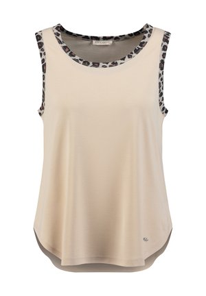 Beżowy top bez rękawów z okrągłym dekoltem i wykończonymi otworami na ramiona w panterkę, lekko rozkloszowany dół, metka Key Largo wewnątrz kołnierza.
