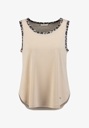 Top beige sans manches avec col rond et emmanchures bordées d'un imprimé léopard, ourlet légèrement évasé, étiquette Key Largo à l'intérieur du col.