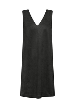 Robe noire sans manches avec un décolleté en V, fabriquée en tissu doux, présentant une coupe ample et une texture lisse, adaptée à un usage décontracté.