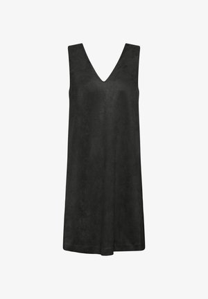 Abito nero senza maniche con scollatura a V, realizzato in tessuto morbido, caratterizzato da una vestibilità morbida e una texture liscia, adatto per un look casual.