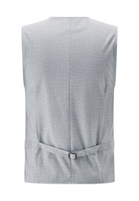 Graue ärmellose Weste aus strukturiertem Stoff, mit Schnallendetail auf der Rückseite und verstellbaren Taillengurten, die ein sauberes und minimalistisches Design aufweist.