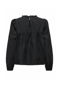 Blouse noire à manches longues avec un col haut et des volants. Présente une ouverture en forme de clef au dos et des détails froncés à la taille.