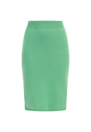 Groene gebreide kokerrok met een geribde tailleband, met een gladde textuur en een getailleerd silhouet, dat net boven de knie uitkomt.