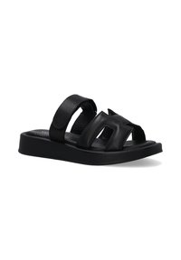 Sorte l�æderslidesandaler med to brede stropper, tekstureret indlægssåle og en formet gummiydersål, der har et minimalistisk design.
