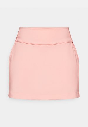 Saia mini rosa em tecido elástico com cintura alta, textura suave e corte reto. Apresenta costuras mínimas e sem bolsos visíveis.