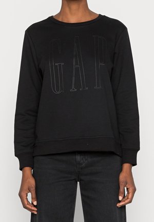 Sweatshirt noir avec logo "GAP" en relief, col rond, manches longues, et ourlet et poignets côtelés, fabriqué en matériau en coton doux.