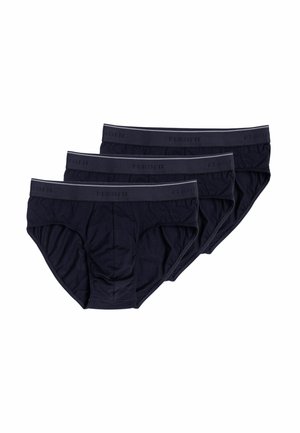 Tre paia di boxer blu scuro, realizzati in un tessuto morbido, con una vita elastica grigia con logo in rilievo e un taglio classico.