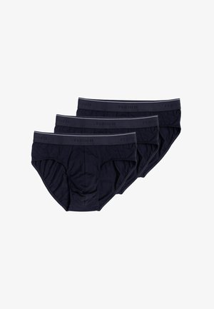 Tre paia di boxer blu scuro, realizzati in un tessuto morbido, con una vita elastica grigia con logo in rilievo e un taglio classico.