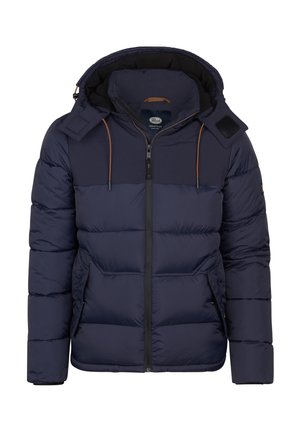 Marineblaue Daunenjacke mit Reißverschluss, Kapuze mit Kordelzügen und kontrastierendem Oberteil. Sanfte Textur, gestepptes Design und seitliche Taschen.