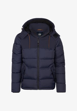 Námořnická puffer bunda s předním zipem, kapucí se stahovacími šňůrkami a kontrastním horním panelem. Měkká textura, prošívaný design a boční kapsy.
