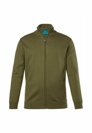 Oliwkowy kardigan na zamek wykonany z prążkowanej dzianiny. Posiada stojący kołnierz, długie rękawy i małą metkę z logotypem u dołu.