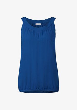Modrá bezrukávová blůza se širokým výstřihem, na hrudi nařasená textura a mírně elastický lem pro pohodlné nošení.