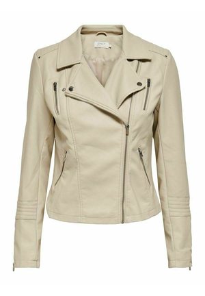 Giubbotto biker in ecopelle beige con chiusura lampo frontale, due tasche laterali e dettagli sulle spalle. Presenta accenti trapuntati sulle maniche.
