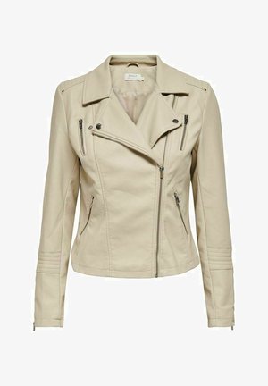 Beige neplederen motorjack met een ritssluiting aan de voorkant, twee zijzakken en schouderdetails. Bevat gequiltte accenten op de mouwen.