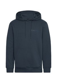 Felpa blu navy in misto cotone, con tasca a marsupio, cappuccio con coulisse e un piccolo logo Calvin Klein sul petto.