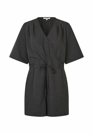 Dark gray wrap jumpsuit with short sleeves, cinched waist tie, and a textured fabric. Features a deep V-neck and relaxed fit.