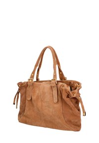 Borsa in camoscio marrone con doppi manici, dettagli in oro e un arricciatura su un lato. Tessuto morbido e design interno spazioso.