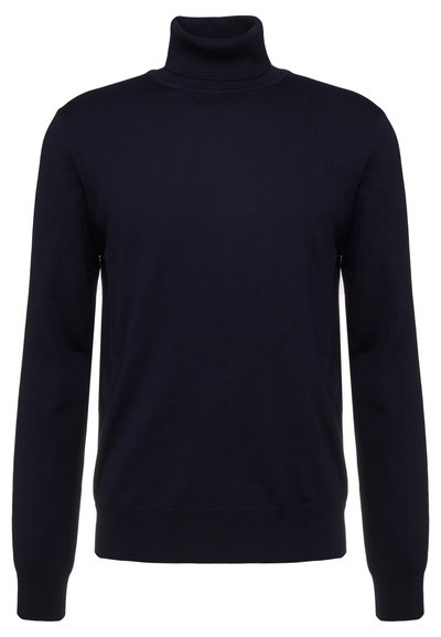 Maglione a collo alto navy realizzato in tessuto morbido, con maniche lunghe, colletto aderente e polsini e orlo ribattuti. Senza fantasie né dettagli.