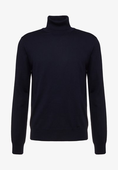 Maglione a collo alto navy realizzato in tessuto morbido, con maniche lunghe, colletto aderente e polsini e orlo ribattuti. Senza fantasie né dettagli.