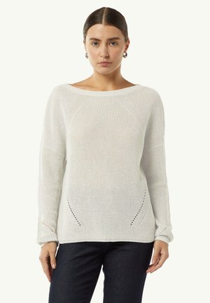 Light grey knitted sweater with a wide neckline, long sleeves, and open weave texture. Features subtle side accents and ribbed cuffs.