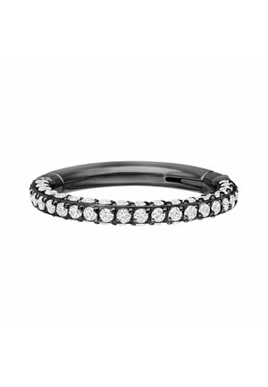 Black metal ring band set with a continuous row of evenly spaced round clear gemstones.