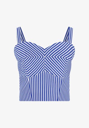 Blauw-wit gestreept bustier crop top met brede schouderbanden en een chevronpatroon op de borst.