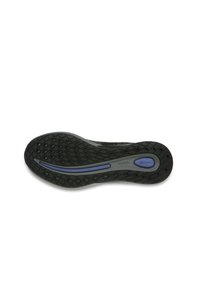 Suela de zapato deportivo negro con goma texturizada para agarre, que presenta una línea de acento azul y una entresuela acolchada para mayor comodidad.
