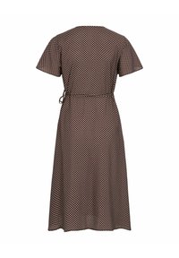 Robe marron à pois blancs, manches courtes, longueur midi, ceinturée à la taille, vue de dos sur fond blanc.