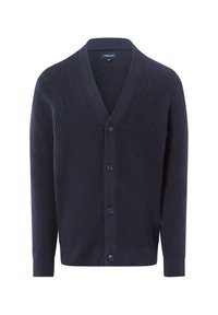 Granatowy sweter z dzianiny z dekoltem w kształcie litery V, pięcioma guzikami z przodu, prążkowaną teksturą i długimi rękawami. Idealny do noszenia w chłodniejsze dni jako warstwa.