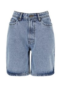 Lyseblå jeansshorts med høy midje, knapp foran, glidelås, beltehemper og klassisk fem-lomme-design.