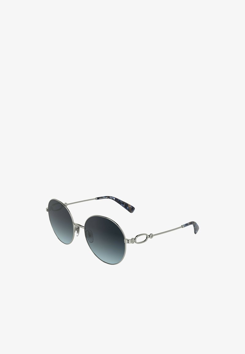 Occhiali da sole rotondi con lenti a gradiente scuro, montatura metallica argento e aste decorato in blu e grigio, con accenti ovali vicino ai cardini.