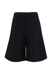 Czarne szorty wykonane z tkaniny tkanej, z szerokimi nogawkami, zakładkami z przodu i gładkim paskiem w talii.