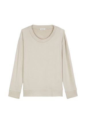 Lichtbeige sweatshirt met lange mouwen, gemaakt van zachte stof, met een brede ronde halslijn en geribbelde mouwen en onderkant voor een ontspannen pasvorm.
