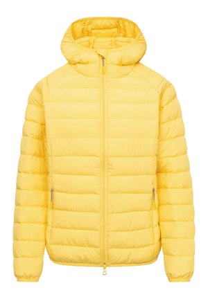 Veste matelassée jaune vif avec capuche, fermeture éclair intégrale à l'avant et poches latérales zippées, conçue pour le temps froid.