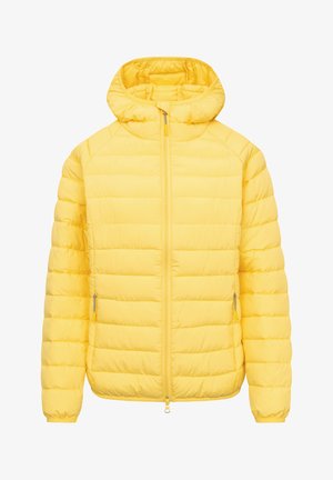 Veste matelassée jaune vif avec capuche, fermeture éclair intégrale à l'avant et poches latérales zippées, conçue pour le temps froid.