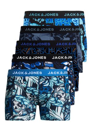 Sechs Paar JACK & JONES Boxershorts mit verschiedenen Druckmustern, Farben (blau, schwarz) und elastischen Taillenbünden mit Logo-Details.